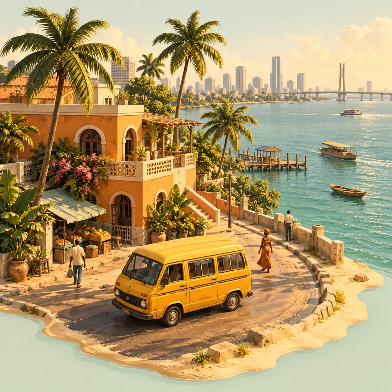 Original Lagos-inspired concept illustration of a yellow minibus, palm-lined waterfront and lagoon; not Lagos Life game footage.