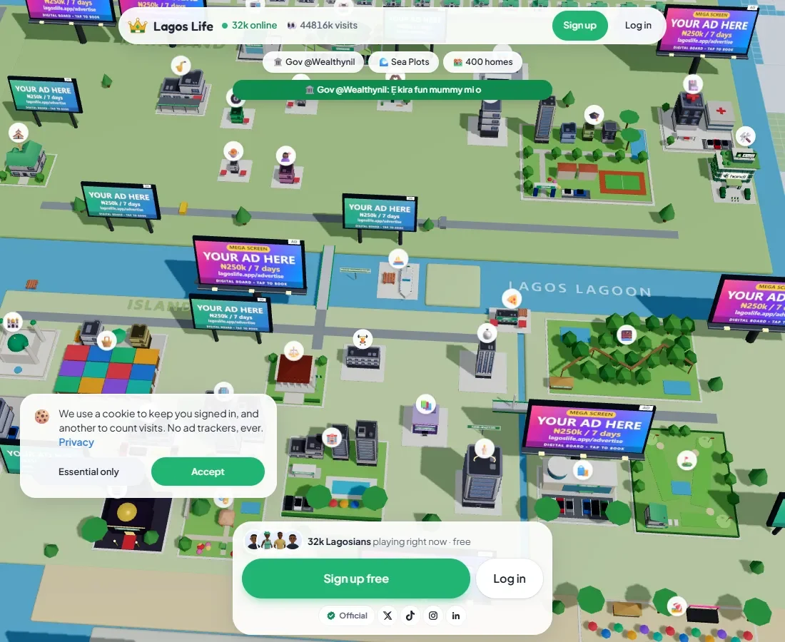 The official Lagos Life public city screen with signup and login entrances.