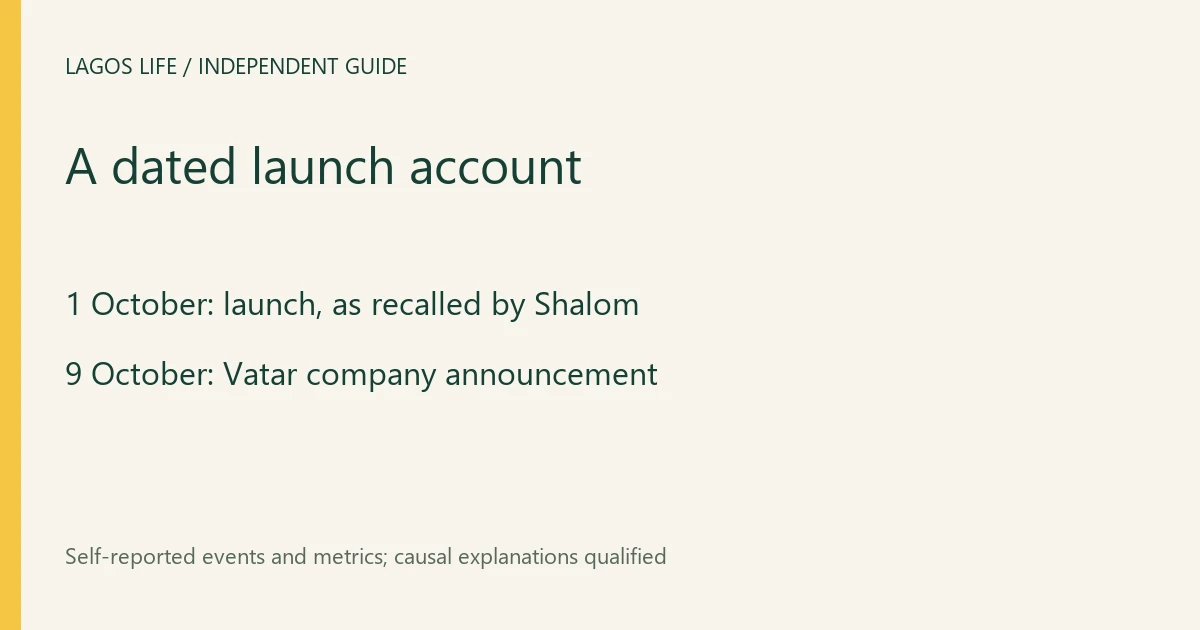 Lagos Life editorial comparison showing 1 October: launch, as recalled by Shalom and 9 October: Vatar company announcement.